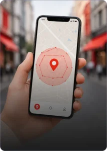 Hand holding a smartphone displaying a map with a red location pin and circular geofence boundary on a blurred city street.