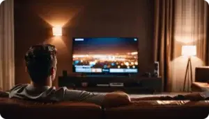 Person sitting on a couch in a dimly lit living room, watching a large TV displaying a nighttime city skyline, creating a cozy, relaxed atmosphere.