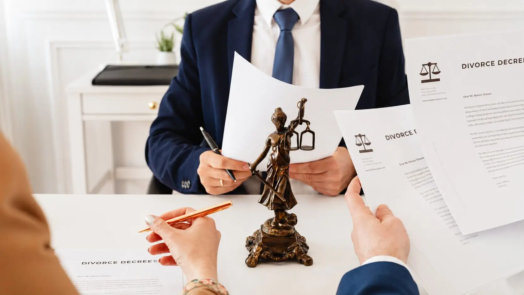 Lawyer and client review divorce decree documents at a bright white desk with a bronze Lady Justice statue in a modern office.