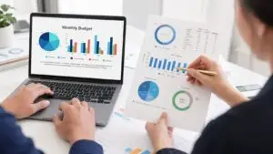Two professionals review monthly budget charts on a laptop and printed report at a bright, modern white workspace.