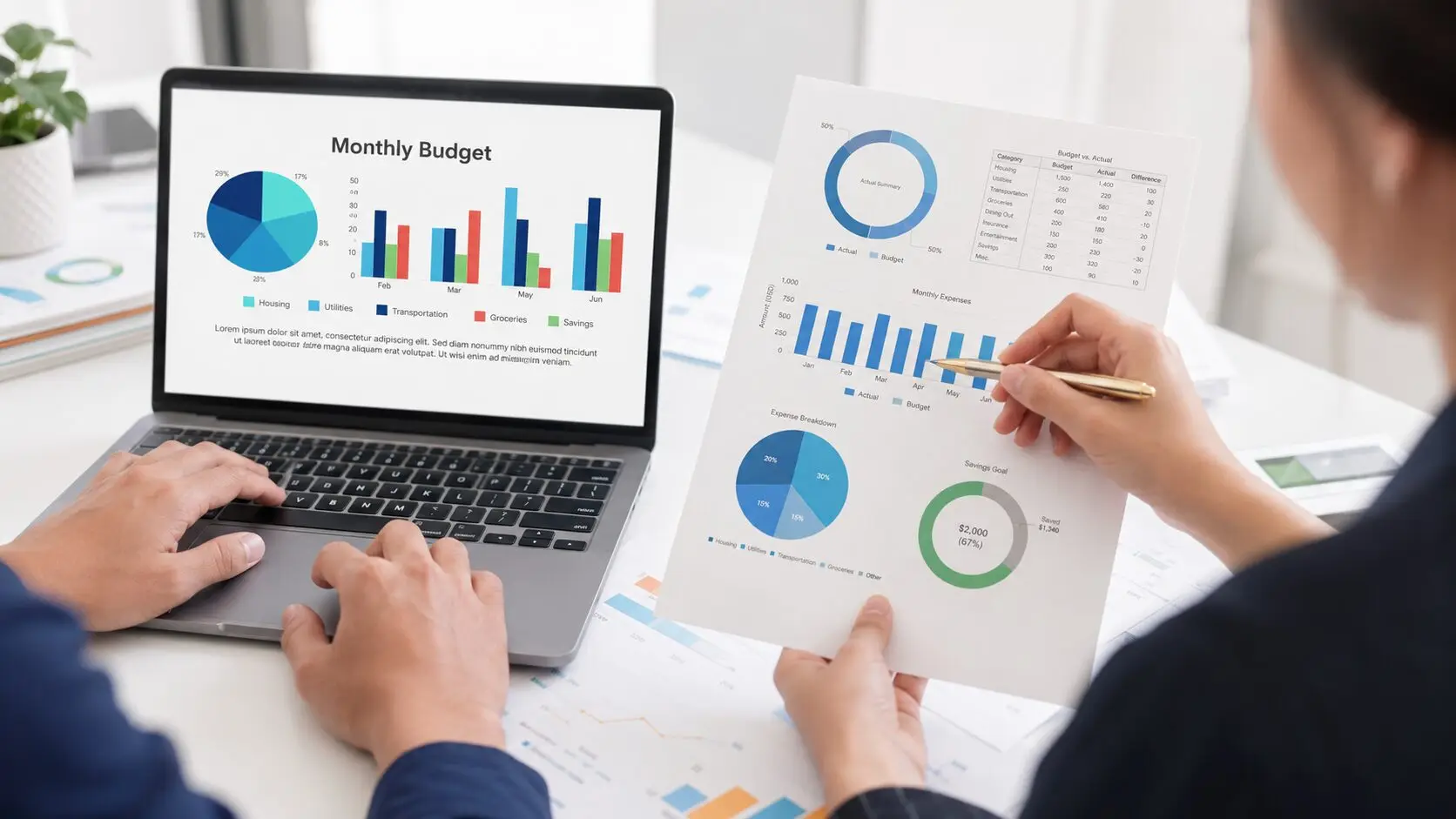Two professionals review monthly budget charts on a laptop and printed report at a bright, modern white workspace.