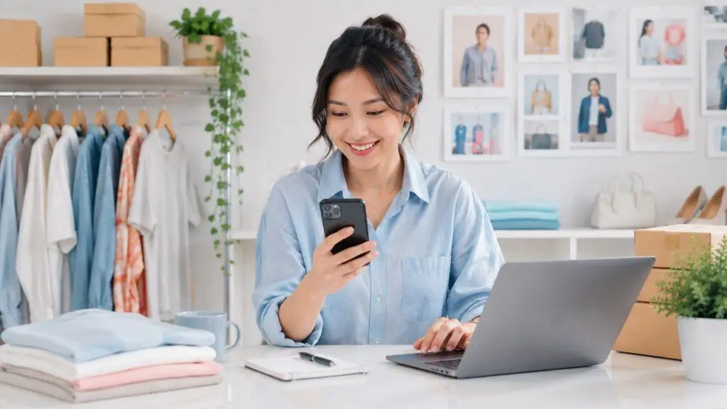 Retail business owner managing social media on a smartphone and laptop in a bright clothing boutique