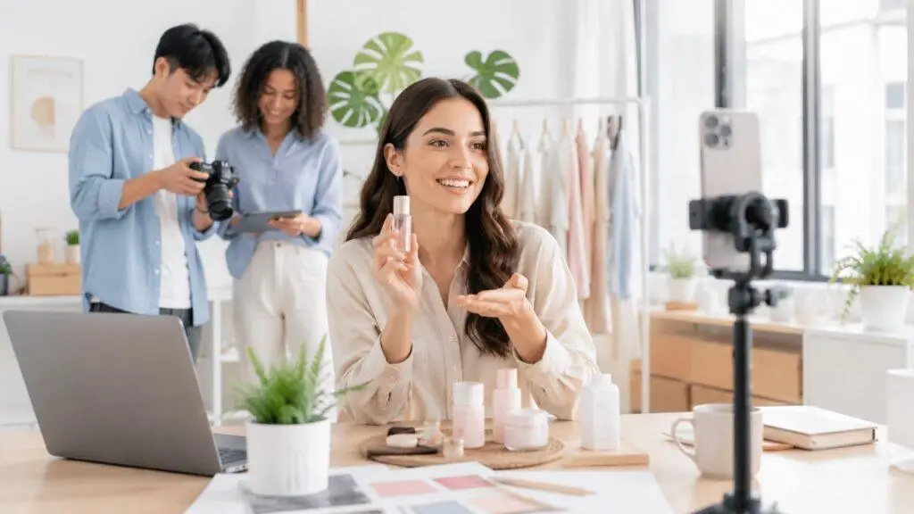 Content creator filming a product demonstration for user-generated social media content in a modern studio