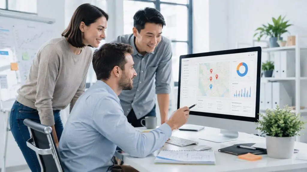 Marketing team reviewing local search visibility, map data, and performance analytics on a desktop computer