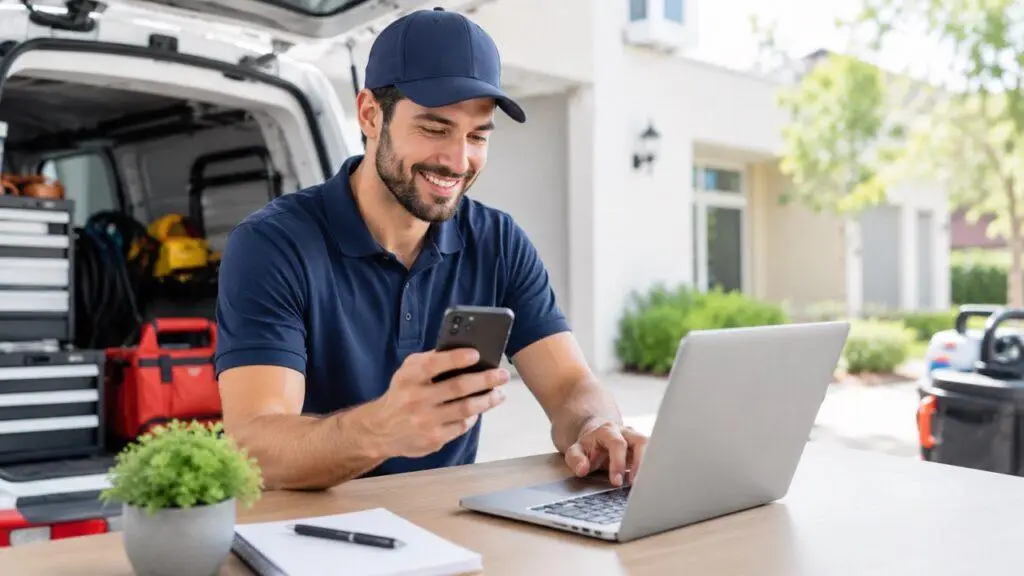 Home service professional using a smartphone and laptop beside a service van outside a residential home
