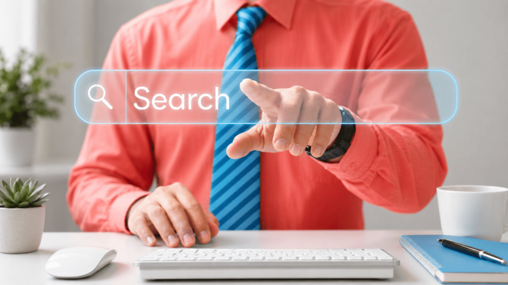 Business professional in a bright modern office wearing a coral shirt and blue striped tie, reaching toward a glowing digital search bar above a white desk with a keyboard, mouse, plants, notebook, pen, and coffee mug.