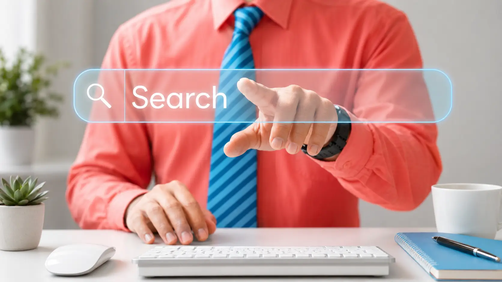 Business professional in a bright modern office wearing a coral shirt and blue striped tie, reaching toward a glowing digital search bar above a white desk with a keyboard, mouse, plants, notebook, pen, and coffee mug.