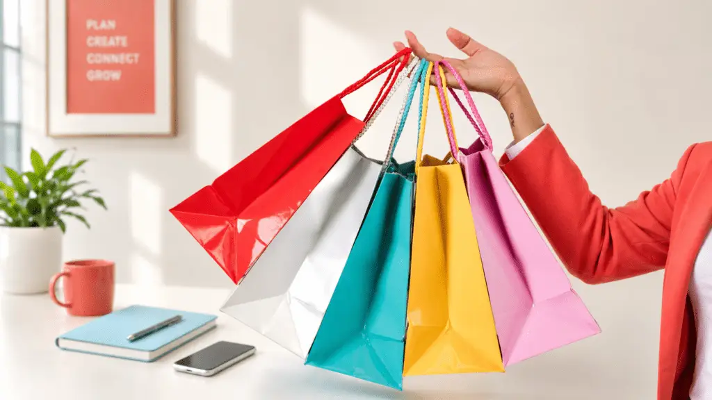 A person in a coral blazer holds colorful red, silver, teal, yellow, and pink shopping bags in a bright modern office with a plant, notebook, smartphone, and coffee mug.
