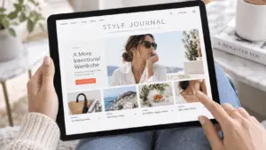 Person holding a tablet displaying a clean, modern fashion and lifestyle website, with bright editorial photography, a plain white coffee cup, books, and a small plant in a softly lit neutral setting.