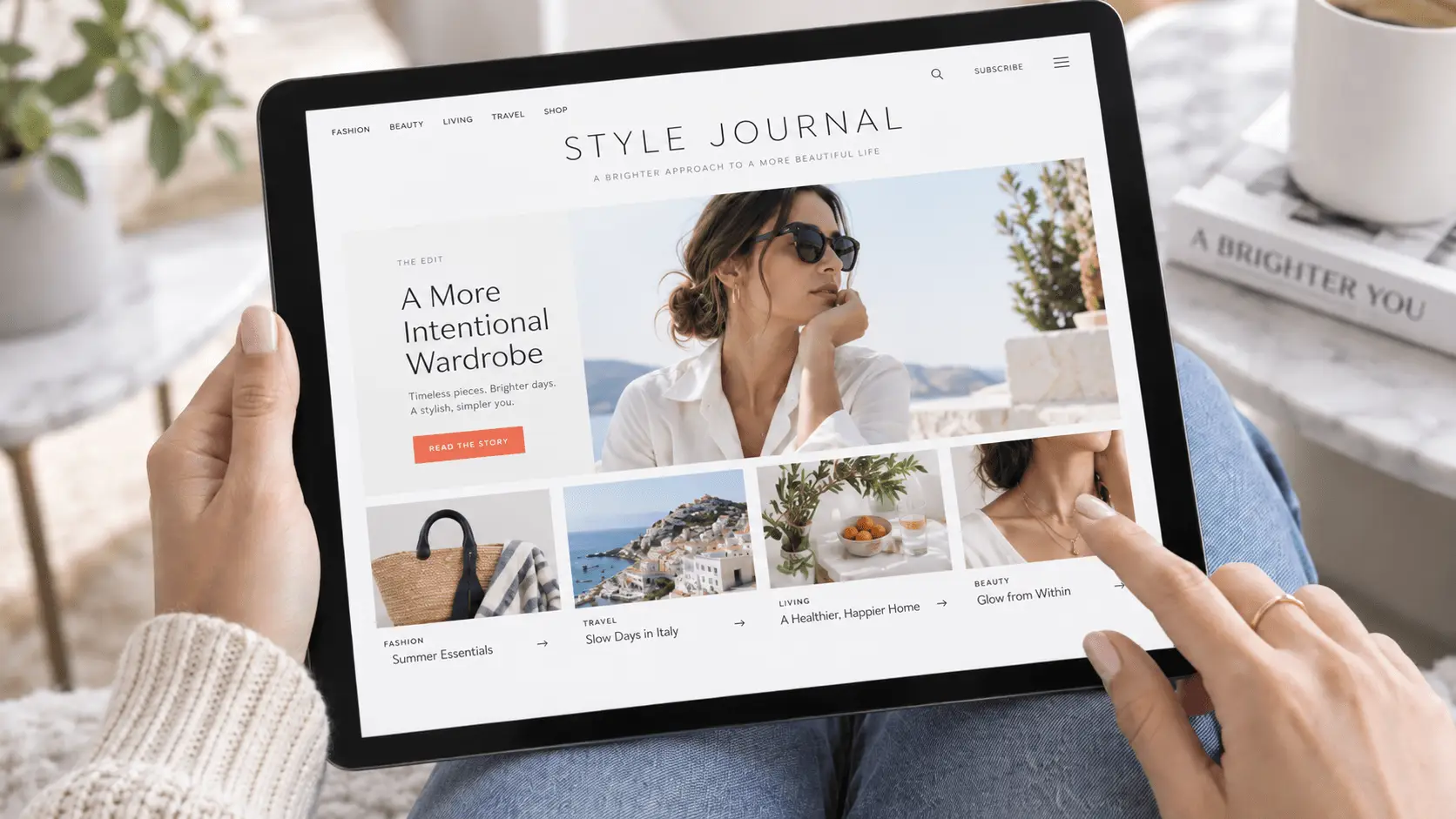 Person holding a tablet displaying a clean, modern fashion and lifestyle website, with bright editorial photography, a plain white coffee cup, books, and a small plant in a softly lit neutral setting.