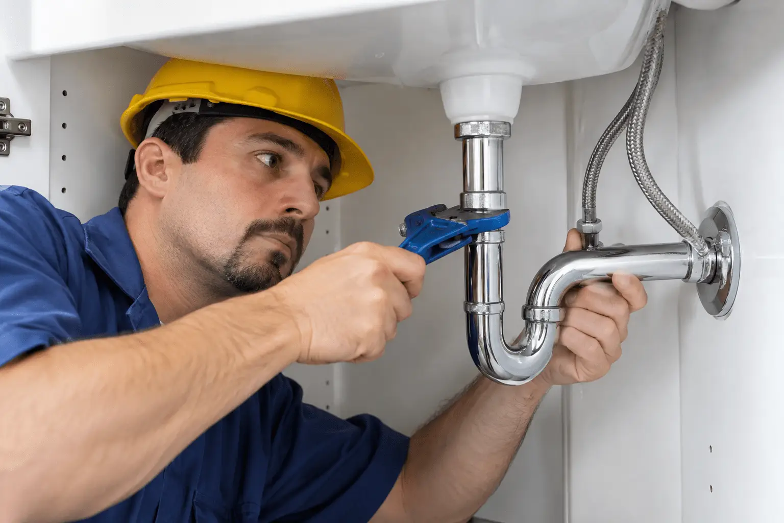 A plumber wearing a yellow hard hat and blue work shirt repairs chrome pipes under a white sink cabinet, using a blue wrench while inspecting the plumbing connections.