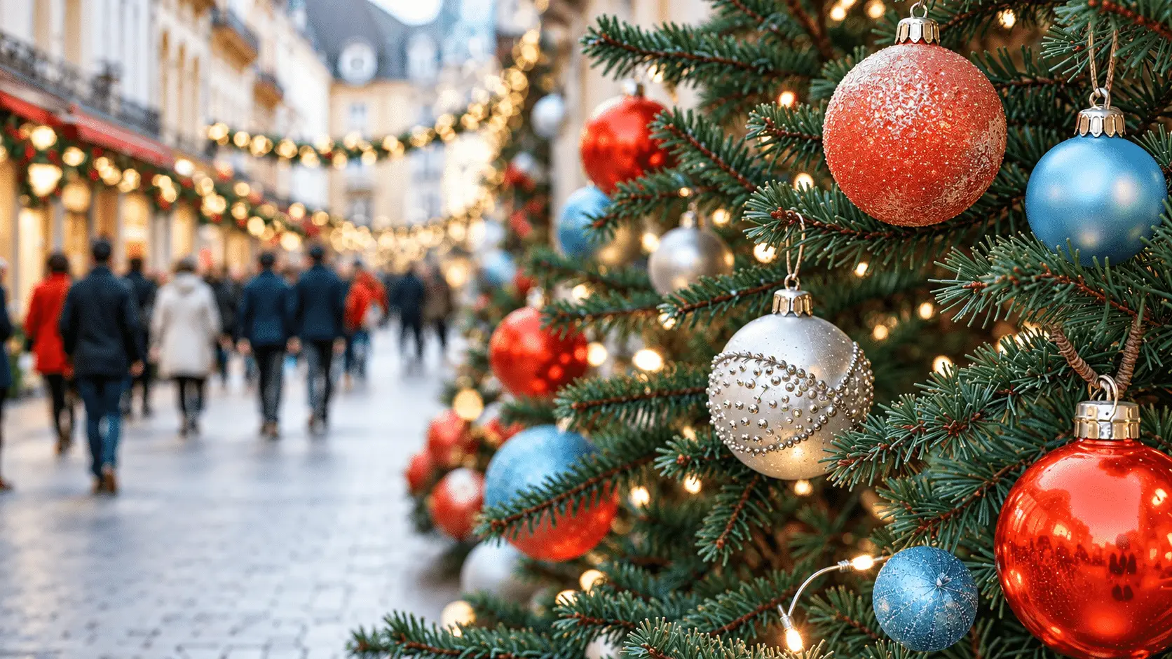 Close-up of a Christmas tree decorated with coral-red, silver, and blue ornaments, with shoppers and holiday lights softly blurred along the street behind it.