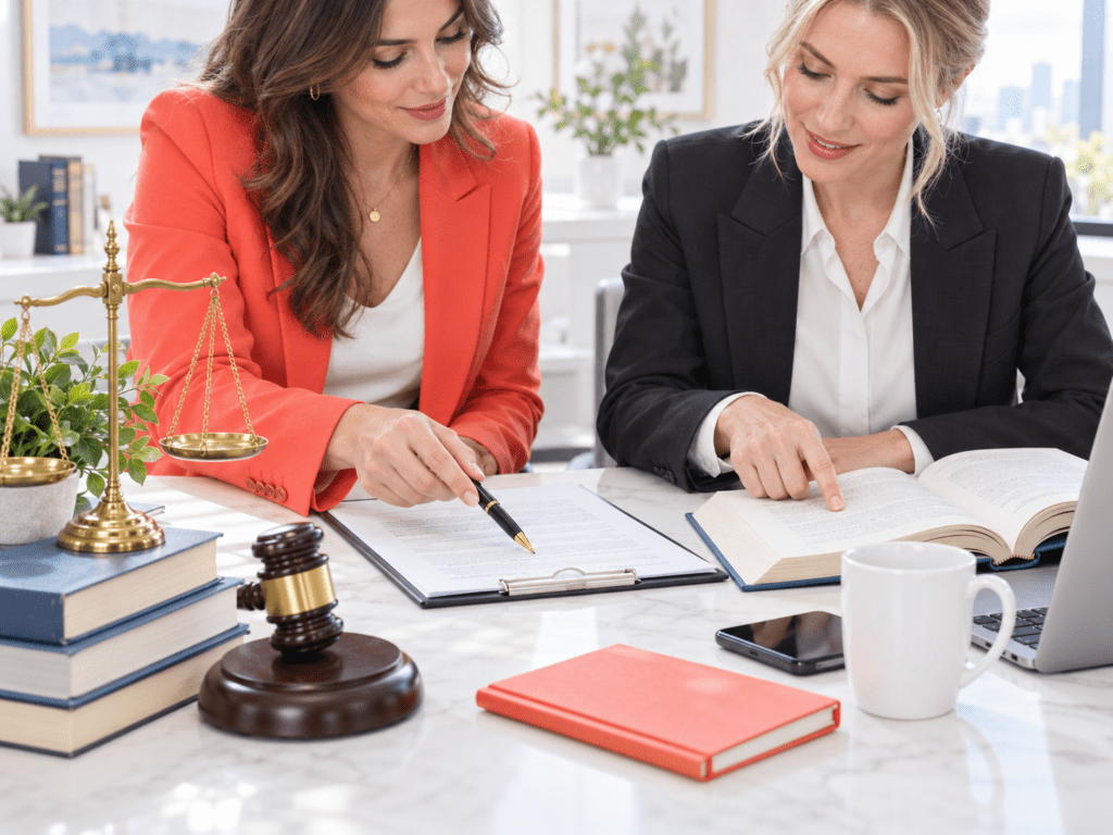 Two business professionals review legal documents together at a bright office desk with brass scales, a judge’s gavel, stacked books, a smartphone, a coral notebook, and a plain white coffee mug.