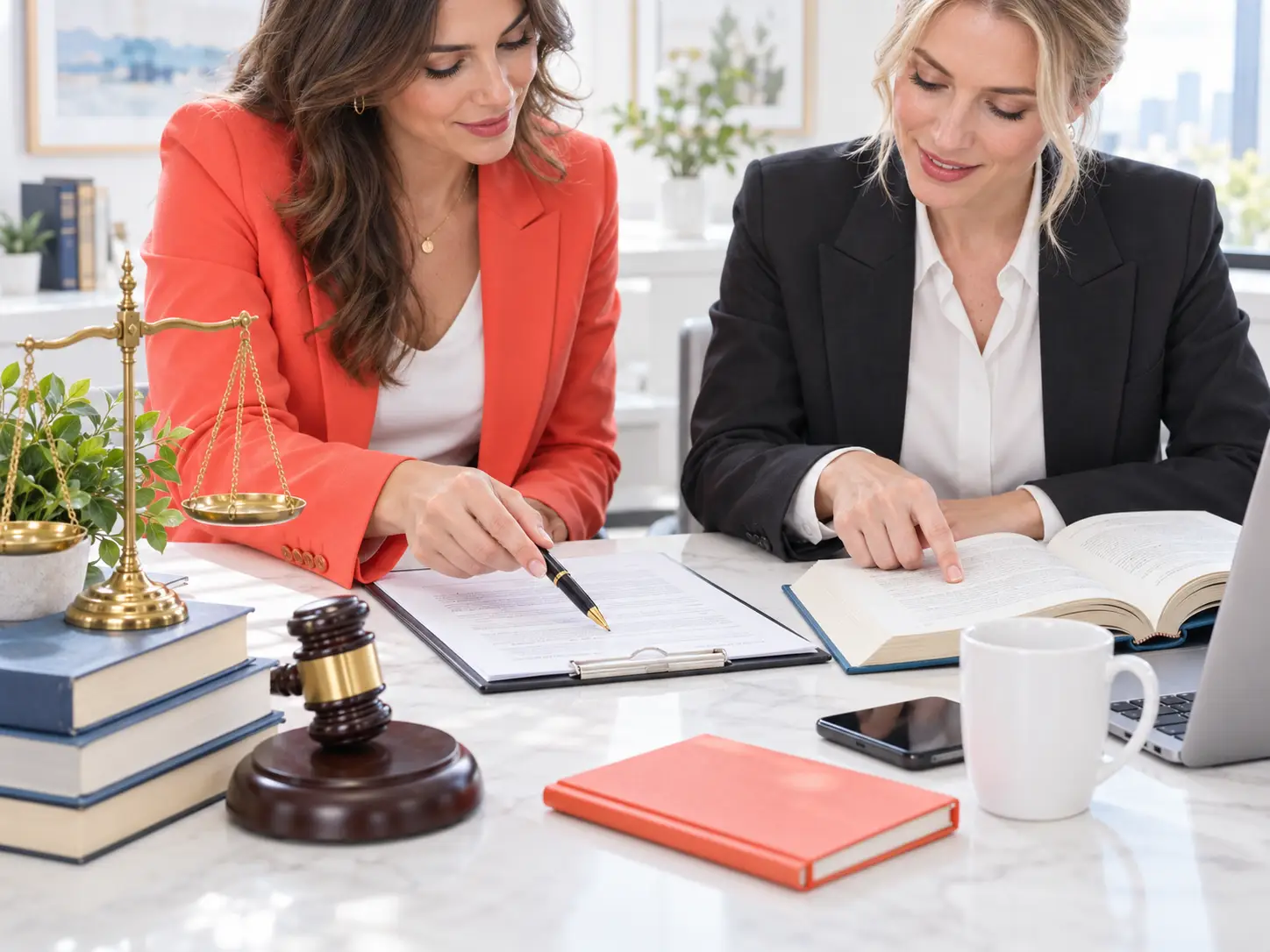 Two business professionals review legal documents together at a bright office desk with brass scales, a judge’s gavel, stacked books, a smartphone, a coral notebook, and a plain white coffee mug.