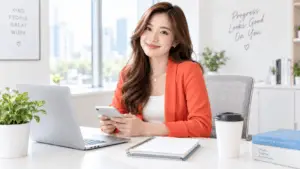 A smiling woman in an orange blazer sits at a white desk in a bright modern office, holding a smartphone beside an open laptop, a leafy plant in a plain white planter, a blank takeaway coffee cup, a notebook, and stacked books, with large windows and soft motivational wall art in the background.